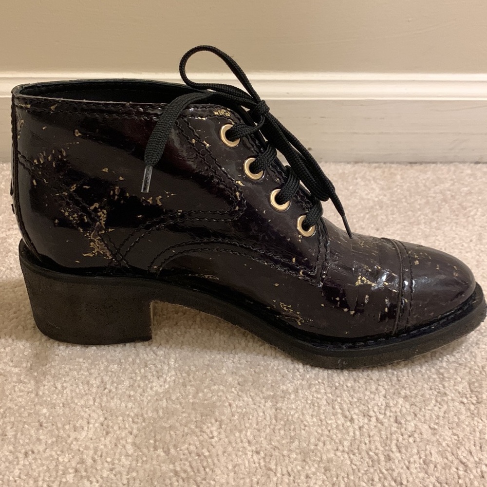 CHANEL Black Leather Lace-Up Ankle Boots w/ Gold Grommets & Scattered Flecks - Picture 3 of 7